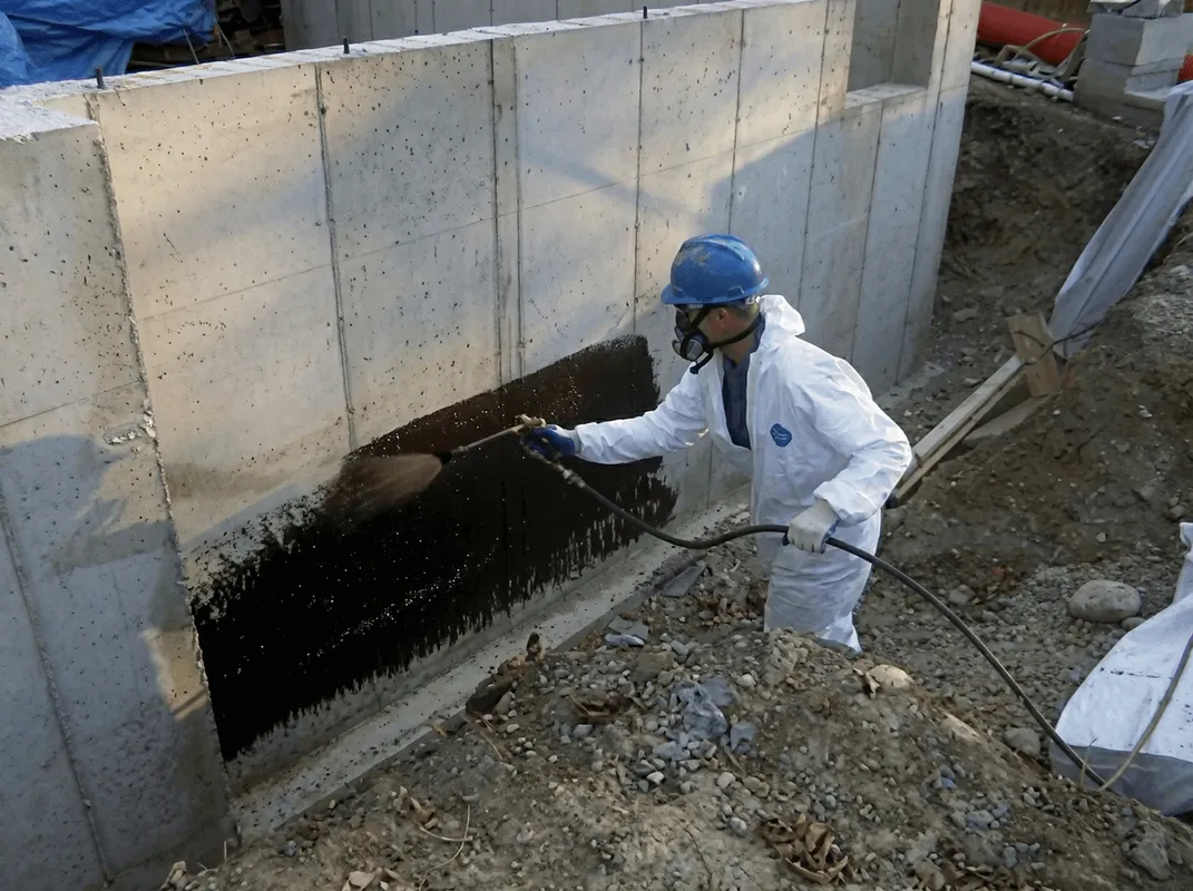 Professional waterproofing the exterior walls of the basement in Fargo, ND