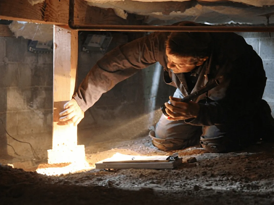 A professional inspecting wooden beams under the floor of a structure in Fargo, ND
